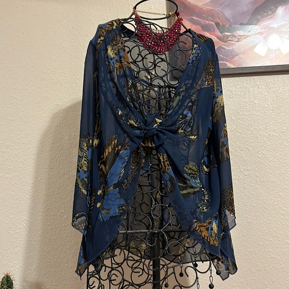 One World Boho Mixed Media Open Cardigan with Statement Sleeves Butterflies
